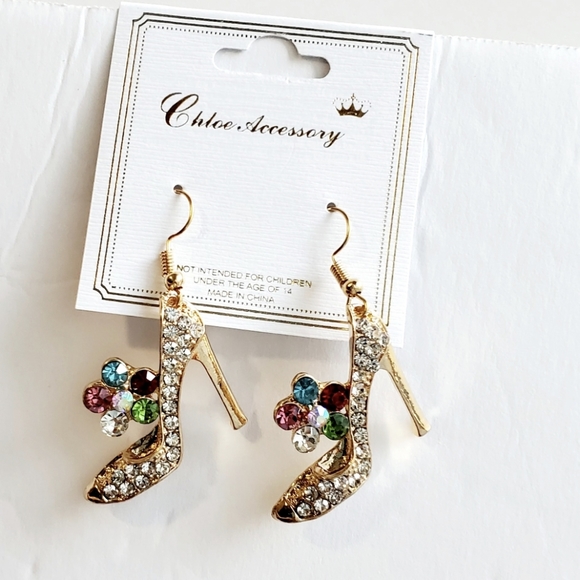 Gold Color Shiny Crystal Flower Multicolor High Heel Shoe Earrings,zinc Alloy Cr - Picture 3 of 3